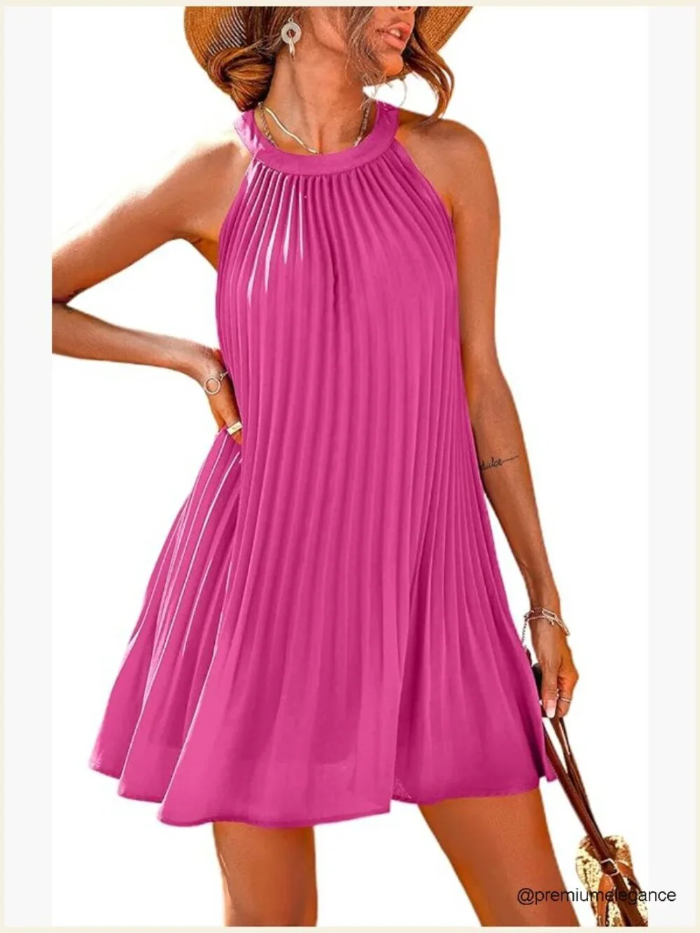 Halter Neck Mini Dress Flowy Pleated Sundress Casual Beach Wedding Guest - Picture 1 of 7